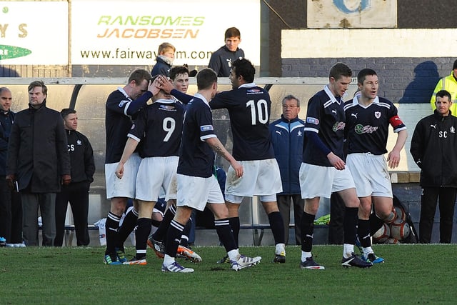 Raith players celebrate after John Baird scores during a 2-2 draw in January 2012.