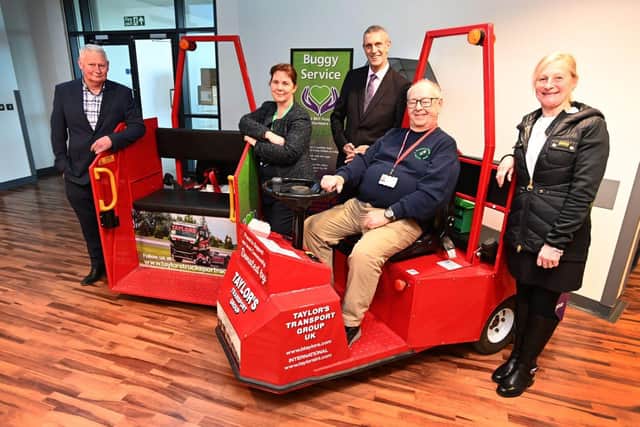Alan Taylor (far left) and his wife Kay (far right) with Claire Ward, Chair of Sherwood Forest Hospi