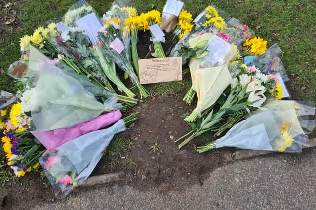 Floral tributes left at the scene of where Sarah Bland died on Southwell Road West in Mansfield.
