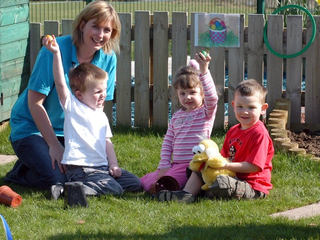 Alison Waring pictured with youngsters during the 2007 Easter Egg Hunt at the Ladybrook Childrens Centre. Pictured from the left are Max Heather, Reeanna Lapinski, and Jack Wileman