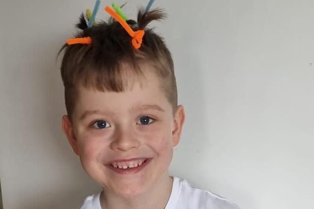 Chloe's son Harley, aged 6, rocking wacky hair and his Red Nose Day shirt.
