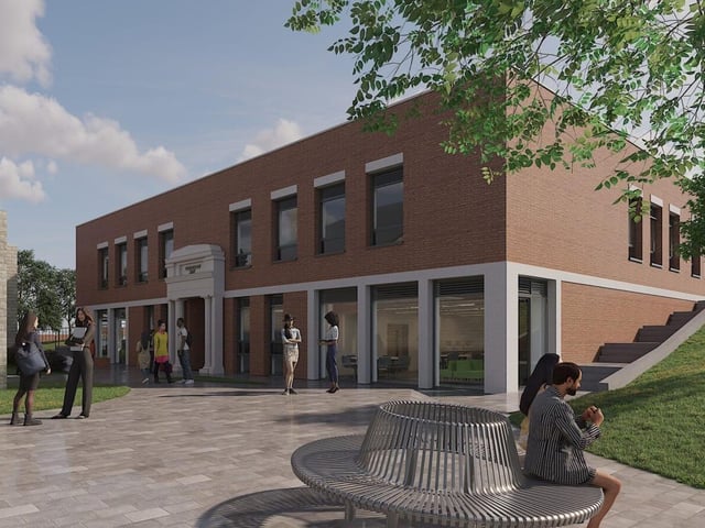 Plaza view of the Future Tech Skills and Knowledge Exchange, showing the rear of Ashfield House.