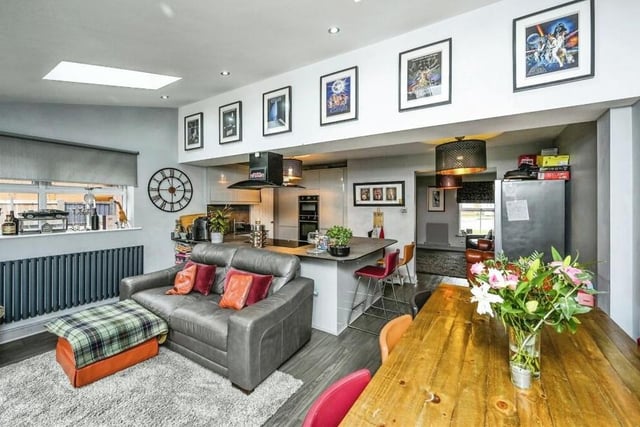 Let's begin our tour of the £325,000-plus Mansfield home in the excellent extension at the back of the property, which has turned the kitchen/diner into an open-plan space, with vaulted ceiling and skylights, which also features a family room.
