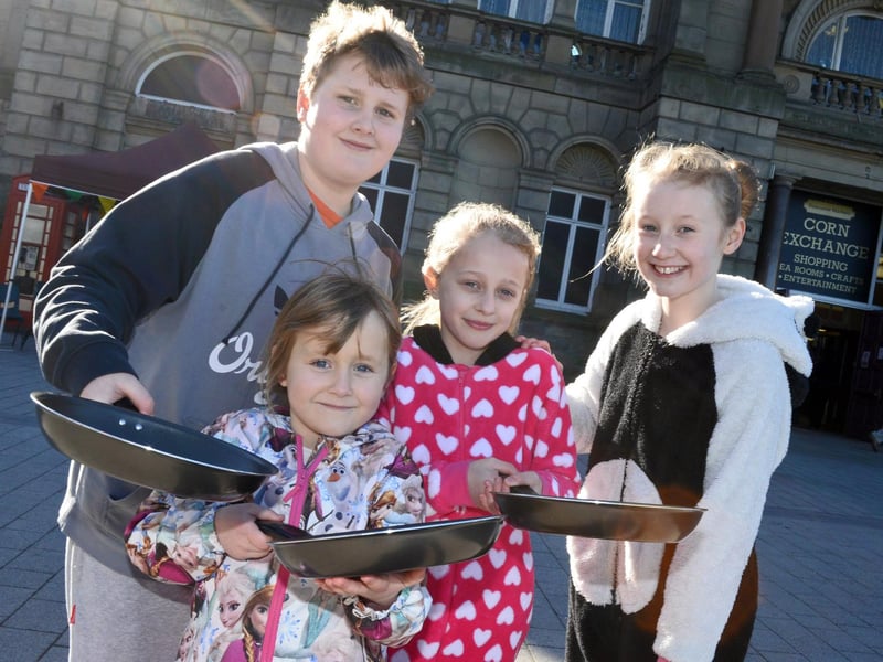 Connor Jackline, 12, of Scawsby, pictured with his sister, Kelsie, six, cousin Kiera Molloy, ten and sister Aimee Jackline, ten at the DOncaster pancake Olympics in 2015