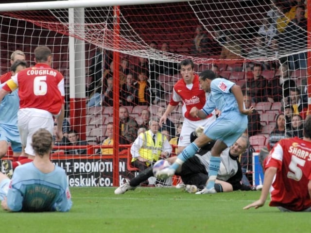 Nathan Arnold scores at Millmoor in 2007.
