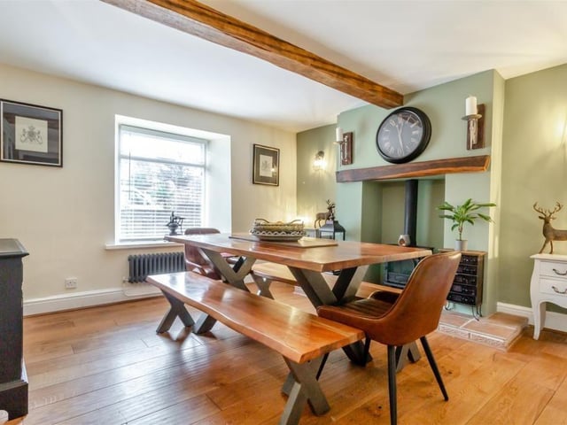 Next stop in the historic Whitwell property is the dining room, which was once a telephone exchange room. A solid oak floor and a central beam across the ceiling add to its appeal.