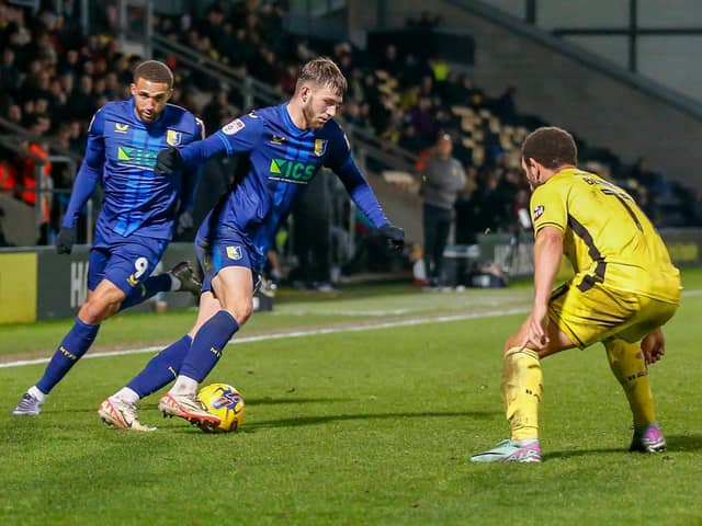 James Gale in action before his injury during the Bristol Street Motors Trophy against Burton Albion FC at the Pirelli Stadium : 21 Nov 2023 : Photo Jeanette & Adam HOLLOWAY @ The Bigger Picture.media