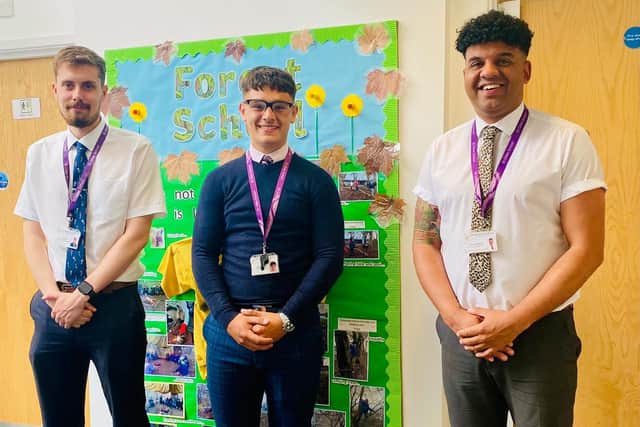 Jacob Ward (centre) is pictured with assistant Tom Few (left) and executive headteacher Clive Lawrence