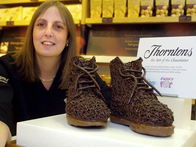 Chocolate shoes pictured with Sharon Morley, Thorntons Store Manager, Meadowhall as part of teh Fit Feet campaign