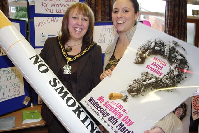 2006: Broxtowe Mayor Linda Lally and BDC's drug and alcohol education officer Sam Wilkinson at a no smoking day event in Eastwood.
