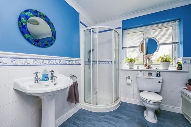 The first floor of the £600,000-plus property houses a bathroom for the whole family and an en suite shower room to the master bedroom. Both are fitted with a shower cubicle, wash hand basin, WC and vinyl flooring, while the family bathroom also boasts a Jacuzzi corner bath.