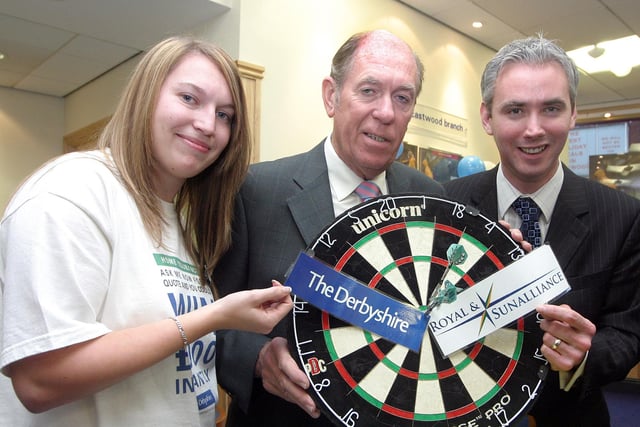 2007: Darts legend John Lowe is pictured with staff during his visit to the Derbyshire Building Society in Eastwood.