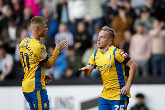 Louis Reed celebrates scoring for Stags during the Sky Bet League 2 match against Notts County
Photo Chris & Jeanette Holloway / The Bigger Picture.media