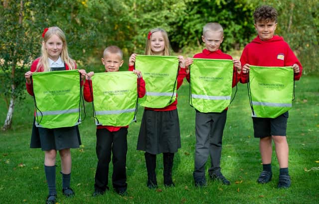 Brinsley Primary School pupils with their new kit bags.