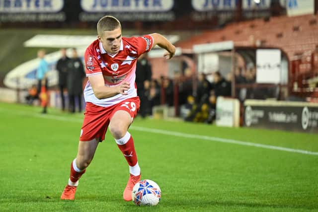 Owen Dodgson of Barnsley during the Emirates FA Cup First Round match between Barnsley and Horsham at Oakwell Stadium on November 03, 2023 in Barnsley, England. (Photo by Ben Roberts Photo/Getty Images)
