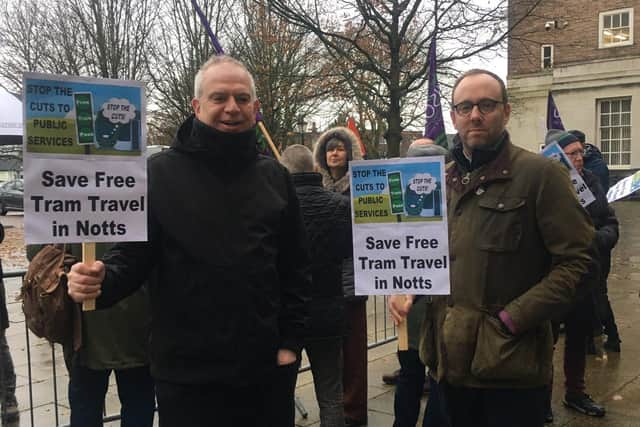 Greg Marshall (left, with fellow Broxtowe Labou councillors Peter Bales) said the savings made by cutting tram concessions would be 'peanuts'