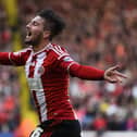 Kieron Freeman celebrates scoring Sheffield United's opening goal during the League One play-off semi final match against Swindon Town at Bramall Lane on 7th May 2015. Photo by Laurence Griffiths/Getty Images.