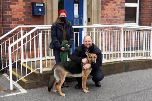 Relieved owner Helen Firth is reunited with her German Shepherd dog Seth at Ollerton Police Station. Photo: Notts Police.