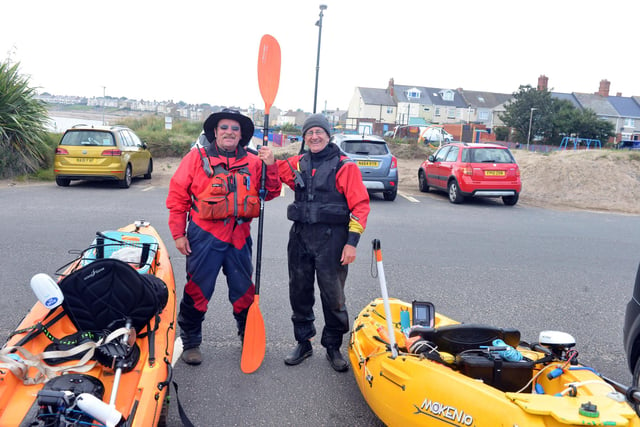 Kayakers Davey Dodds and Ben Todd back on land.