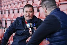 Mansfield Town manager Nigel Clough speaks to the Press after watching his side draw 2-2 at Crewe Alexandra. (Photo by: Chris Holloway/The Bigger Picture.media)
