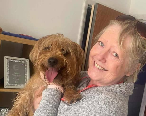 Lisa Dean pictured with Teddy. Teddy was found just days after being reported missing in Sutton.