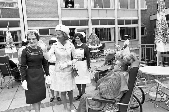The Duchess of Kent meets staff and patients at Nether Edge Hospital in 1969