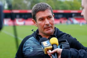 Mansfield Town manager Nigel Clough post match interview at Salford City. Photo by Chris Holloway / The Bigger Picture.media