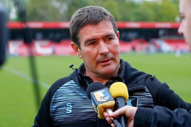 Mansfield Town manager Nigel Clough post match interview at Salford City. Photo by Chris Holloway / The Bigger Picture.media
