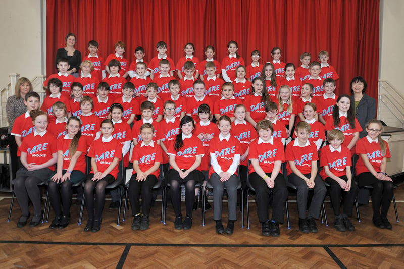 DARE graduation at High Oakham Primary School in 2014, pictured with pupils are Miss Smith, Mrs Smith and Mrs Parrett.