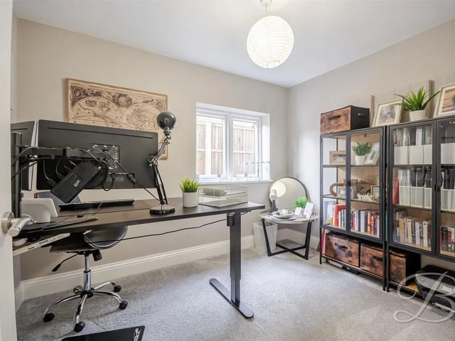 The property features a  dedicated office space, perfect for productivity.