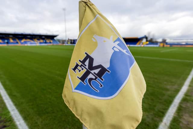MANSFIELD, ENGLAND - FEBRUARY 28: The Mansfield Town corner flag during the Sky Bet League One match between Mansfield Town and AFC Wimbledon at One Call Stadium on February 28, 2026 in Mansfield, England. (Photo by Leila Coker/Getty Images)