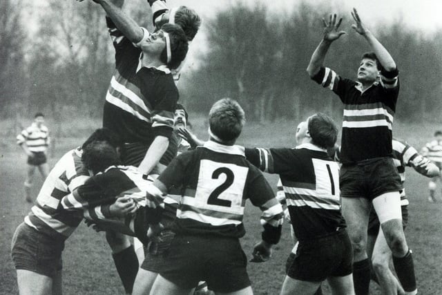 Mansfield battle Doncaster RUFC for the ball from a line-out during their game in January 1987