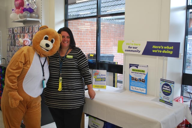 Store manager Debbie Needham on the opening day with a mascot from Ollerton-based charity The Rope Project, which the store is supporting and provides household items free to families, men and women who have fled domestic abuse or have been homeless/rough sleeping.