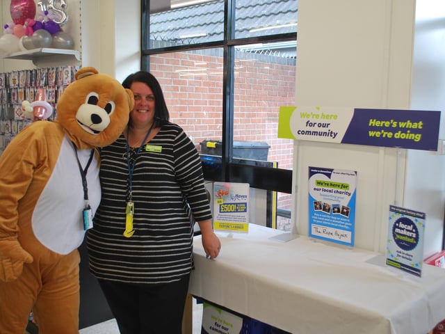 Store manager Debbie Needham on the opening day with a mascot from Ollerton-based charity The Rope Project, which the store is supporting and provides household items free to families, men and women who have fled domestic abuse or have been homeless/rough sleeping.