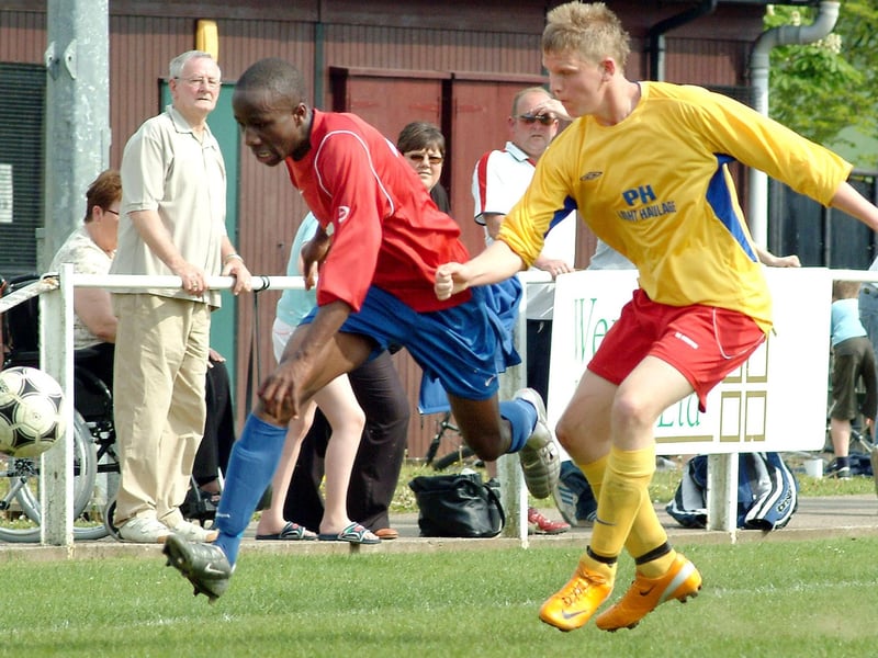 Quarrydale F.C. (red tops), in action against Jacksdale Miners' Welfare for the Chad Youth League's U16's Ben Cup in 2008.