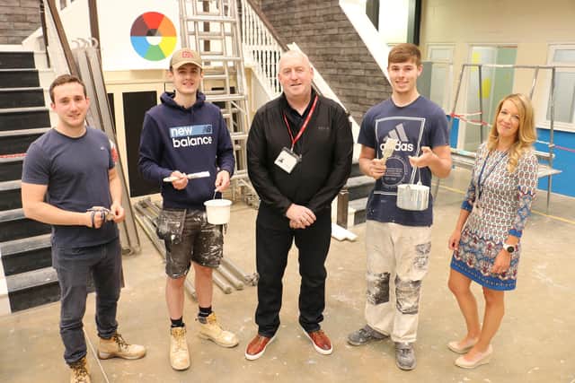 Pictured, from left, are Nathan Balfour, Stephen Jeffery, Tom McGovern, Lewis Fountain and Apprenticeship manager for construction Kat Wisniewski