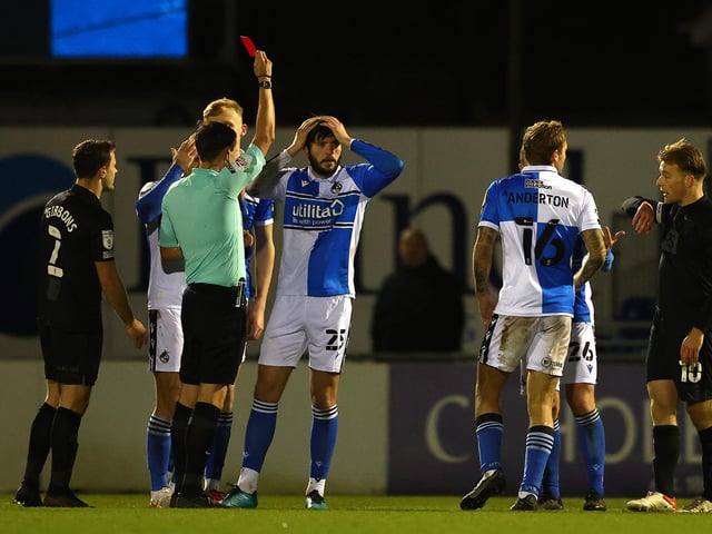 Cian Harries of Bristol Rovers is sent off by referee Craig Hicks during the Sky Bet League Two match between Bristol Rovers and Port Vale. Rovers have had a division high eight red cards this year.