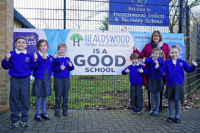 Headteacher Jayne Renshaw celebrates the good Ofsted report with pupils Mitchell Naylor, Jacob Mcelroy, Ella Rushton, Emily Ford, Isabelle Stevens and Kaiden-Jai Scott.