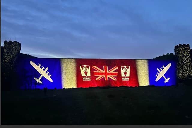 Severn Trent lights up Derwent Dam to honour Dambusters for VE Day.