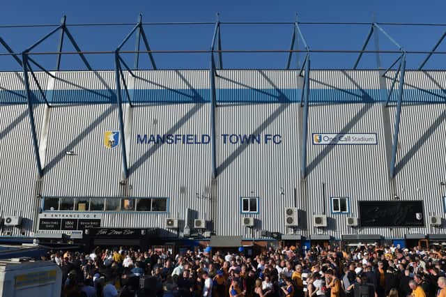 MANSFIELD, ENGLAND - MAY 14: A general view outside the ground prior to the Sky Bet League Two Play-off Semi Final 1st Leg match between Mansfield Town and Northampton Town at One Call Stadium on May 14, 2022 in Mansfield, England. (Photo by Nathan Stirk/Getty Images)