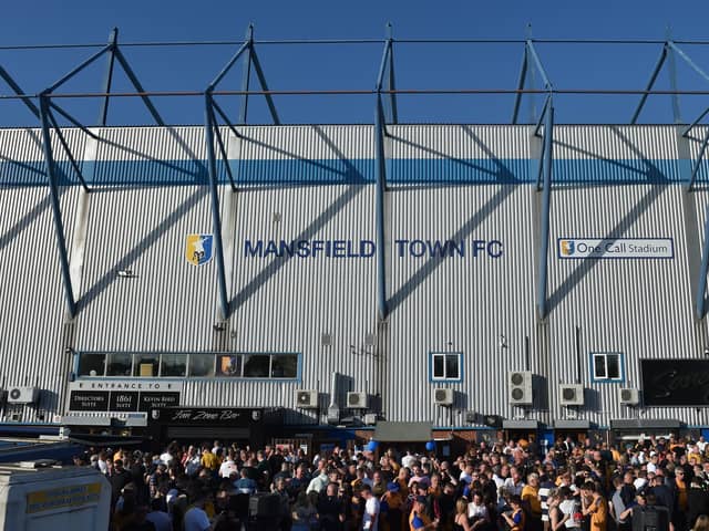 MANSFIELD, ENGLAND - MAY 14: A general view outside the ground prior to the Sky Bet League Two Play-off Semi Final 1st Leg match between Mansfield Town and Northampton Town at One Call Stadium on May 14, 2022 in Mansfield, England. (Photo by Nathan Stirk/Getty Images)