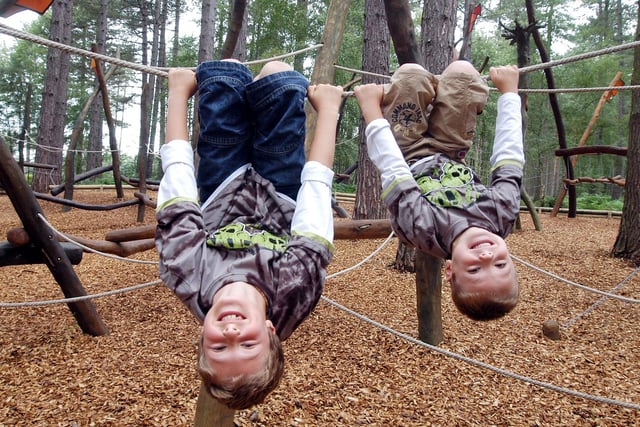 Sherwood Pines features a fun-packed play area, with a climbing frame and two tree houses to explore. Pictured are Cory Simpson, nine, and his brother  Hayden Simpson, six enjoying the adventure play area at Sherwood Pines.