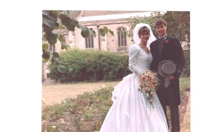 Susan and Simon Bowskill on their wedding day in August 1995 at St Edmunds Church in Mansfield Woodhouse