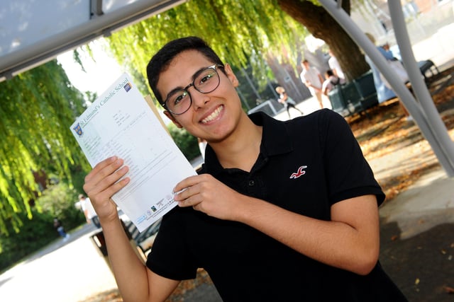 Kazim Kanani, a student at St Edmund's Catholic School in Portsmouth, with his GCSE results. Picture: Sarah Standing (200820-3066)