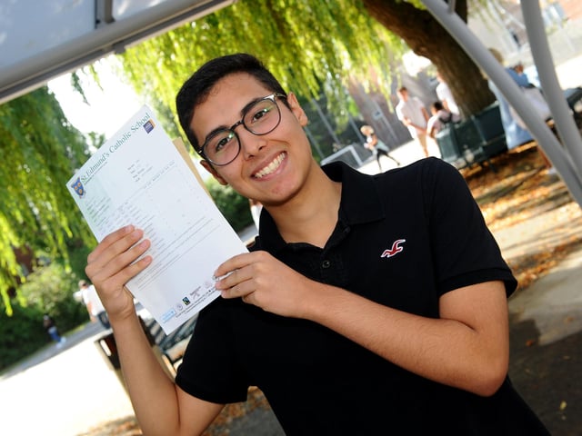 Kazim Kanani, a student at St Edmund's Catholic School in Portsmouth, with his GCSE results. Picture: Sarah Standing (200820-3066)