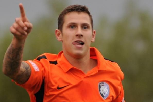 Ben Tomlinson now in his second spell at Sandy Lane, celebrates a goal on his 100th appearance for Worksop. Tomlinson scored one of the fastest goals in EFL history when he scored for Macclesfield against Morecambe after just 6.4 seconds on 13 September 2011.