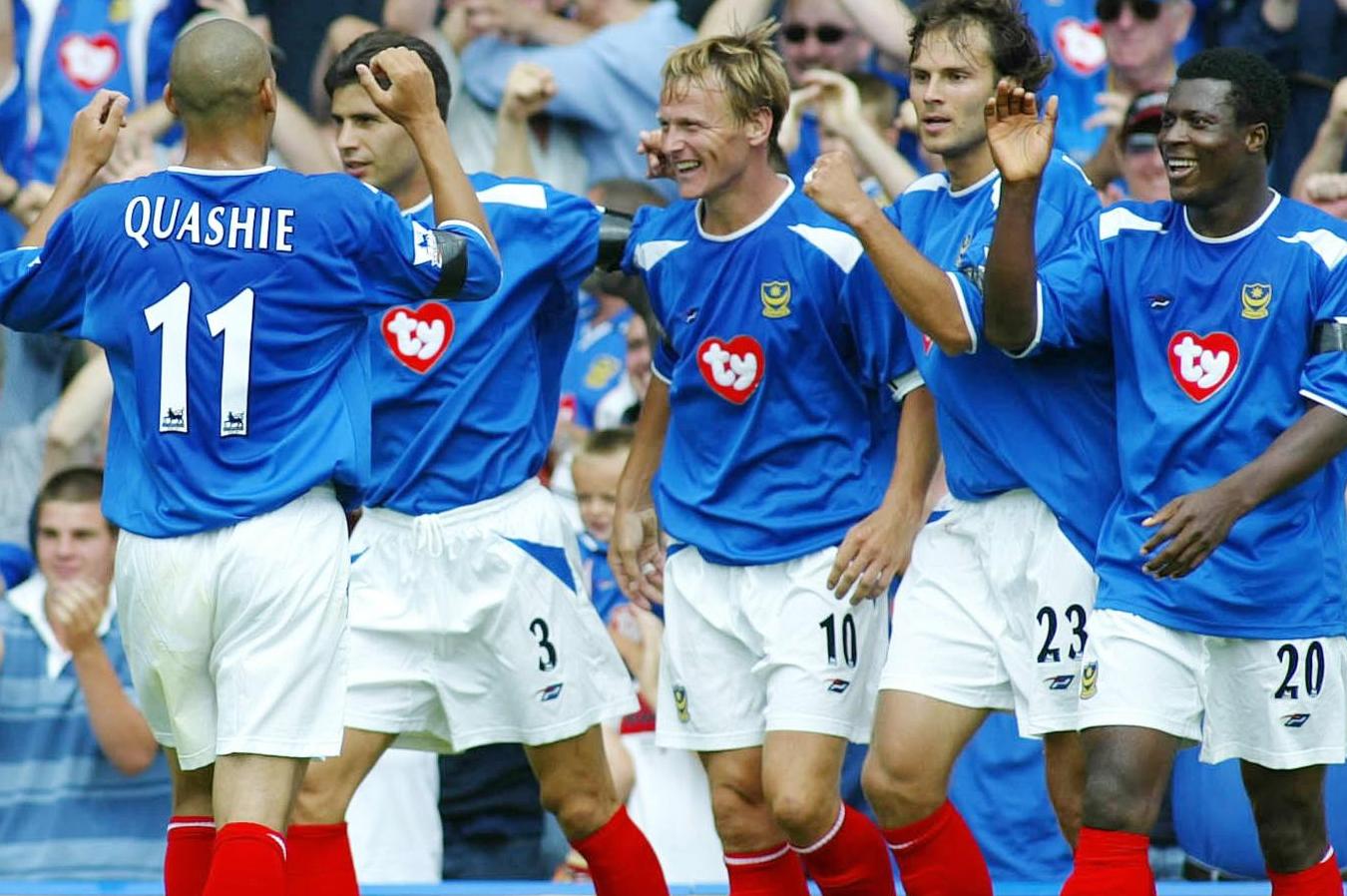 Teddy Sheringham celebrates Pompey's first Premiership goal in a 2-1 win over Aston Villa in 2003.
