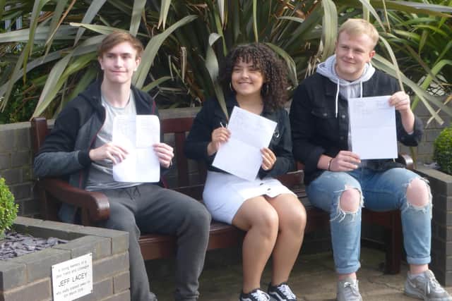 Tommy Williams is pictured with fellow students Heloisa De Souza (A, A, B, C) who is going on to the University of Nottingham to study Accounts as part of her Apprenticeship with Pricewaterhouse Coopers, and Owen Else (Distinction*, A*, A) who will be going on to study Lighting Design in London.