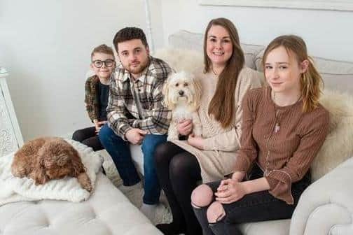 Jessica Humphreys and Joseph Costello with children Oliver and Evie and dogs Ruby and Betsy.