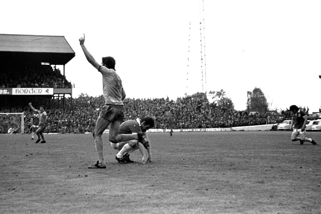 Ernie Moss celebrates scoring against Wrexham in May 1977.